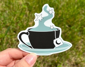 Tazza da tè Amante del tè Strega Mistico Tè e piattino Luna e stella Amante del tè e del caffè Adesivo in vinile resistente alle intemperie da 3 pollici