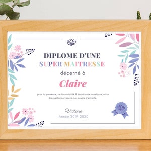 Affiche diplôme personnalisé Maitresse  - cadeau maitresse - Cadeau fin d'année scolaire - idée cadeau maitresse ecole maternelle primaire