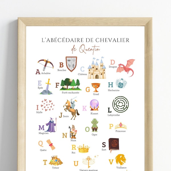 Affiche alphabet chevalier - décoration abécédaire chevalier - ABC chevalier en français par Le Temps des Paillettes