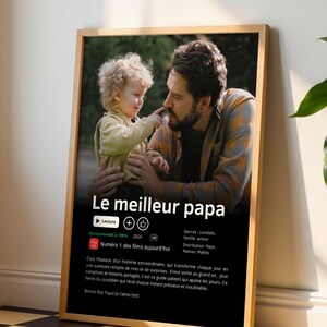 Affiche Netflix personnalisée pour papa avec photo et texte personnalisé, cadeau original pour la fête des pères. Poster style film ou série Netflix avec photo du papa, titre Meilleur Papa du Monde et synopsis personnalisé. Cadeau papa personnalisé parfait pour anniversaire, Noël ou fête des pères. Affiche photo papa personnalisée, idée cadeau papa unique, affiche famille personnalisée, poster papa personnalisé moderne et minimaliste.