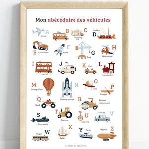 Affiche abécédaire des véhicules - décoration engins - ABC en français par Le Temps des Paillettes