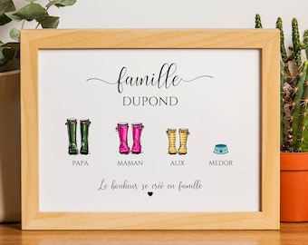 Affiche famille personnalisée, famille bottes de pluie, Custom family poster, Cadeau personnalisé Noël, bottes  par Le Temps des Paillettes