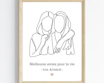 Affiche meilleures amies line art -  Cadeau meilleure amie - cadeau anniversaire copines par Le Temps des Paillettes