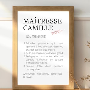 Affiche définition maitresse personnalisée - Cadeau fin d'année scolaire - idée cadeau maitresse ecole maternelle primaire