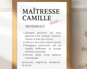 Affiche définition maitresse personnalisée - Cadeau fin d'année scolaire - idée cadeau maitresse ecole maternelle primaire
