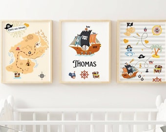 Affiches pirate enfant - trio pirate carte aux trésors prénom  - Décoration pirate chambre de bébé par Le Temps des Paillettes