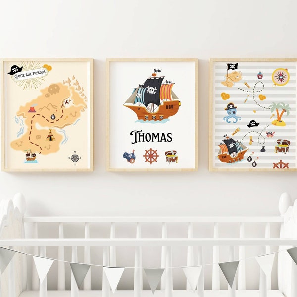 Affiches pirate enfant - trio pirate carte aux trésors prénom  - Décoration pirate chambre de bébé par Le Temps des Paillettes