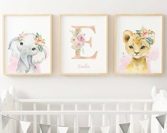 Set 3 affiches animaux de la savane pour chambre enfant - cadeau de naissance personnalisée prénom par Le temps des paillettes