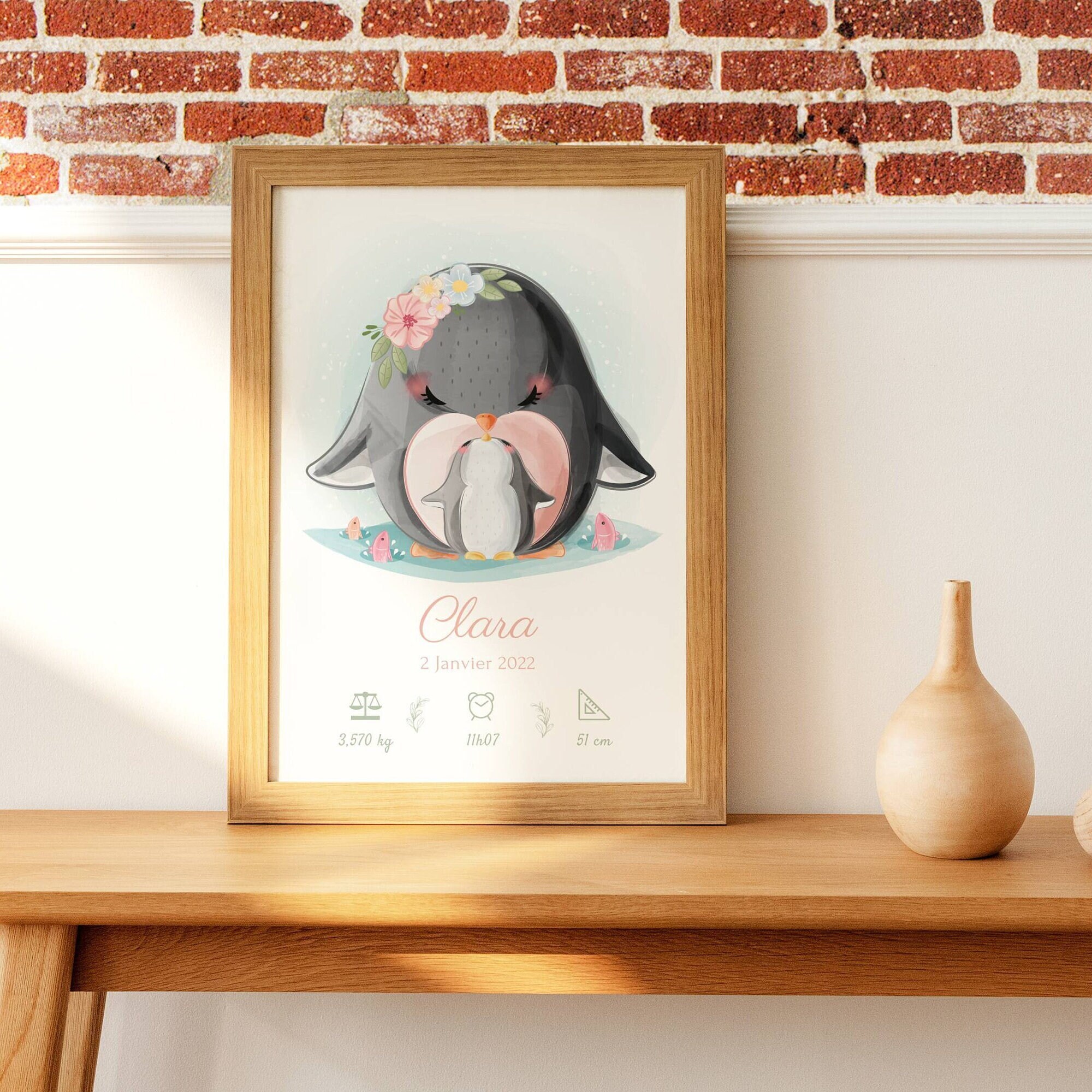 Affiche Naissance Pingouin - Affiche Bébé Personnalisée Prénom, Maman et Cadeau de Personnalisé