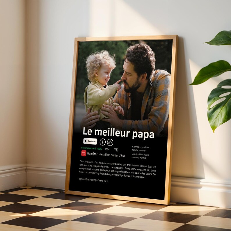 Affiche Netflix personnalisée pour papa avec photo et texte personnalisé, cadeau original pour la fête des pères. Poster style film ou série Netflix avec photo du papa, titre Meilleur Papa du Monde et synopsis personnalisé. Cadeau papa personnalisé parfait pour anniversaire, Noël ou fête des pères. Affiche photo papa personnalisée, idée cadeau papa unique, affiche famille personnalisée, poster papa personnalisé moderne et minimaliste.