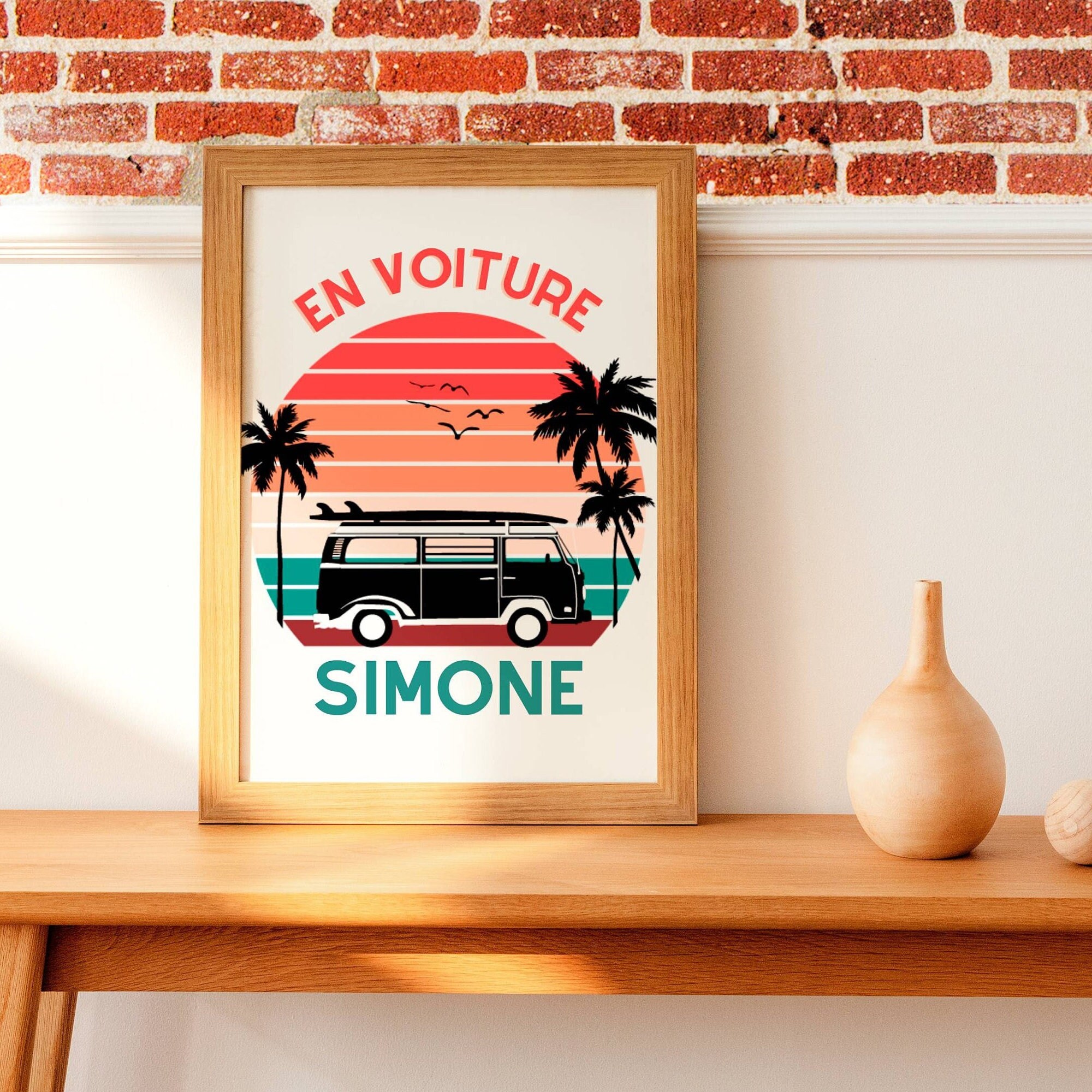 Affiche en Voiture Simone - Affiche Voyage et Van Vintage Sunset avec Van