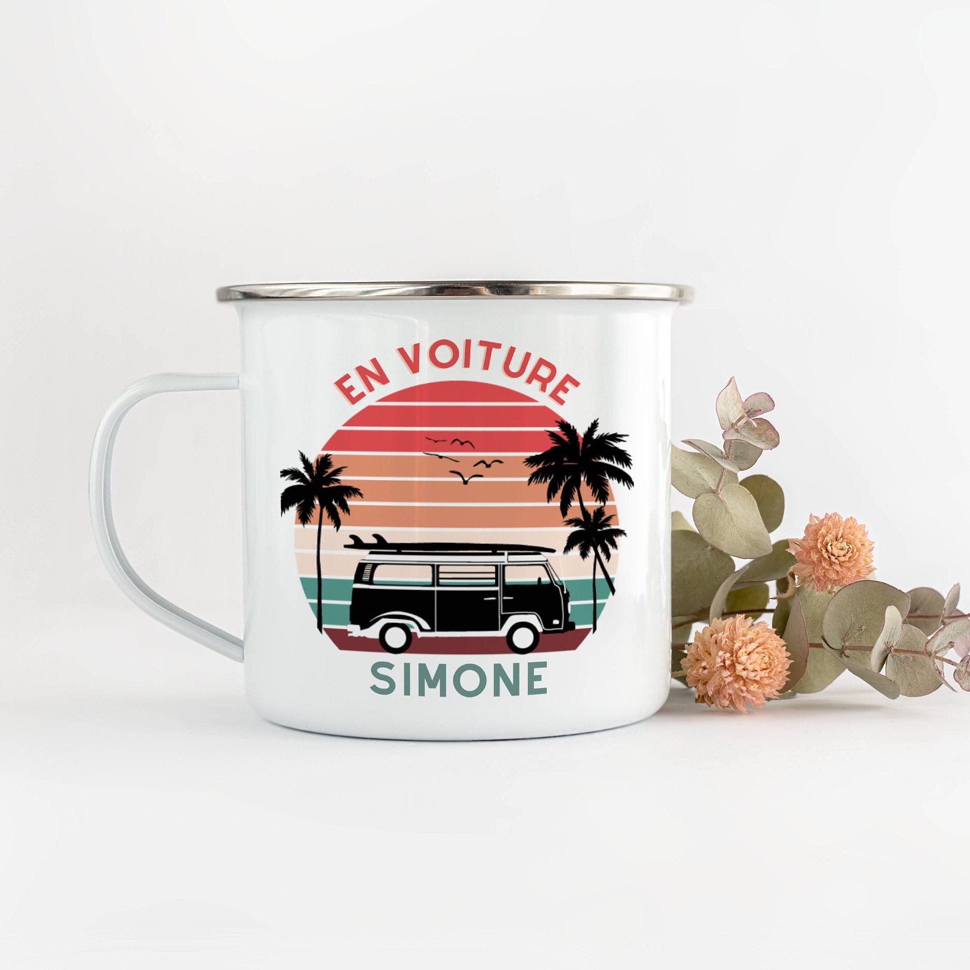 Tasse en Voiture Simone - Tasse Vintage Sunset avec Van Émaillé Personnalisée