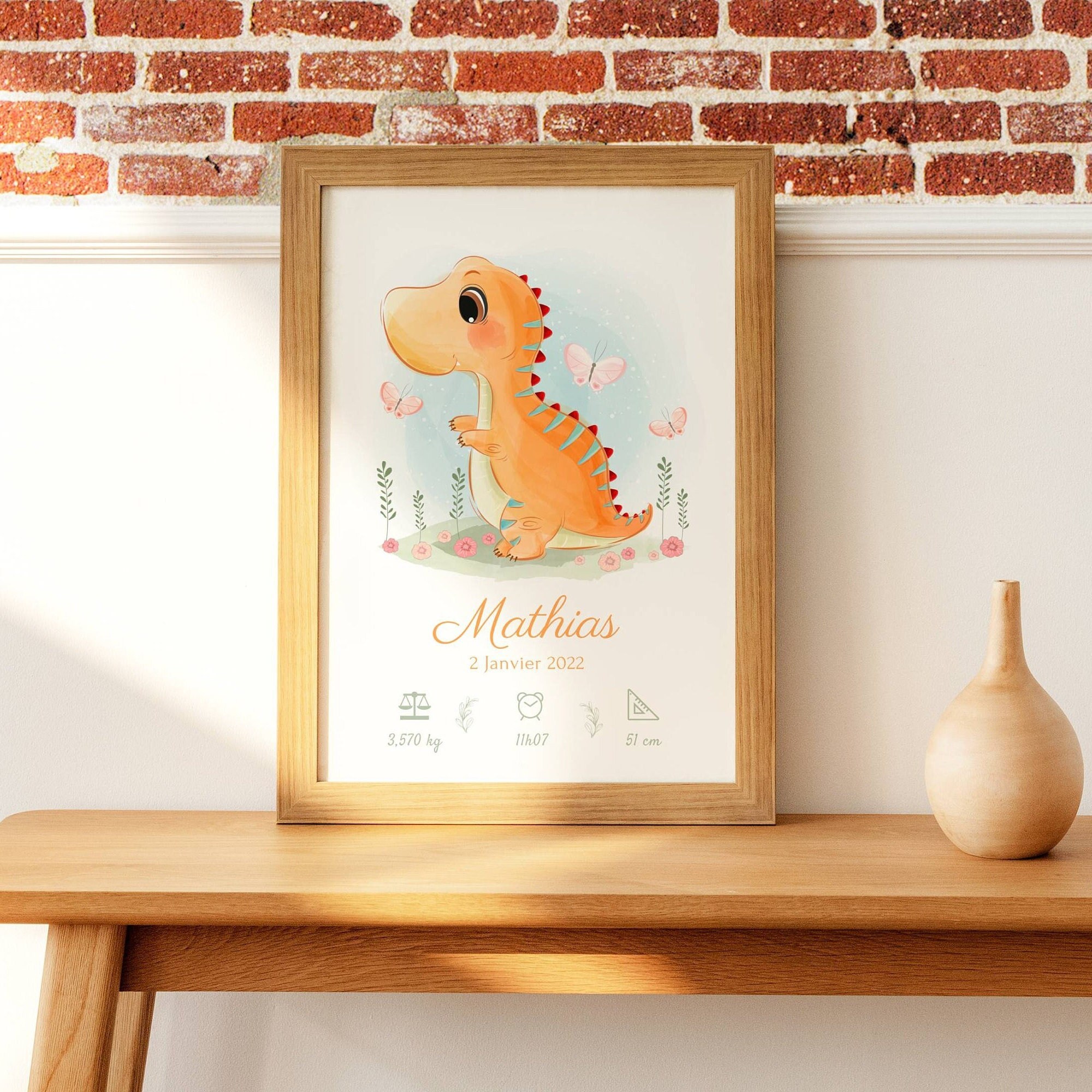 Affiche Enfant Dinosaure Mignon - Affiche Bébé Personnalisée Prénom Cadeau de Naissance Personnalisé