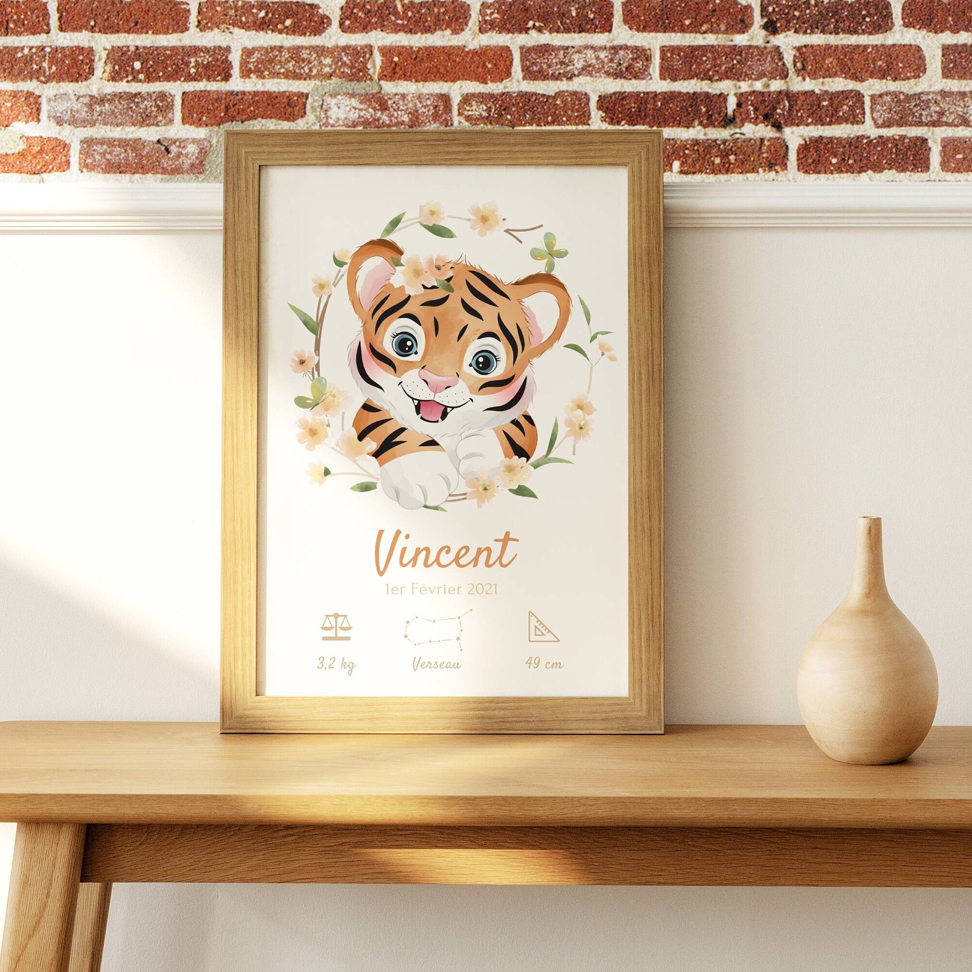 Affiche de Naissance Tigre - Affiche Bébé à Personnaliser Cadeau Décoration Chambre Enfant