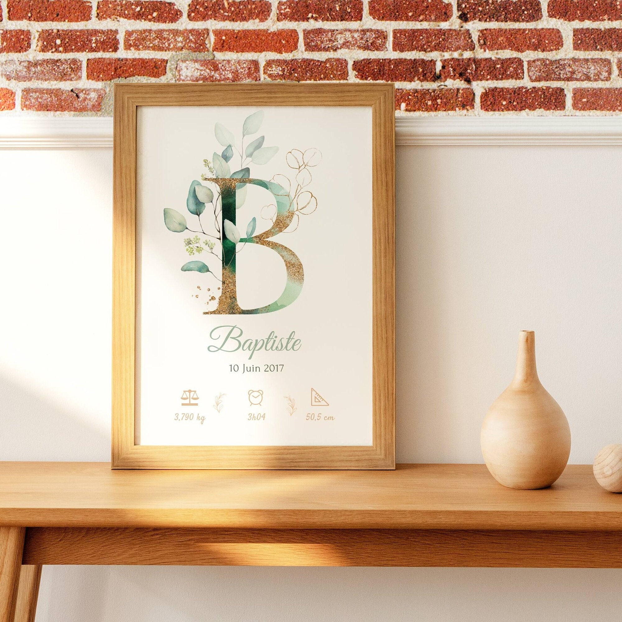 Affiche de Naissance Personnalisée Prénom Initiale Eucalyptus - Cadeau Personnalisé