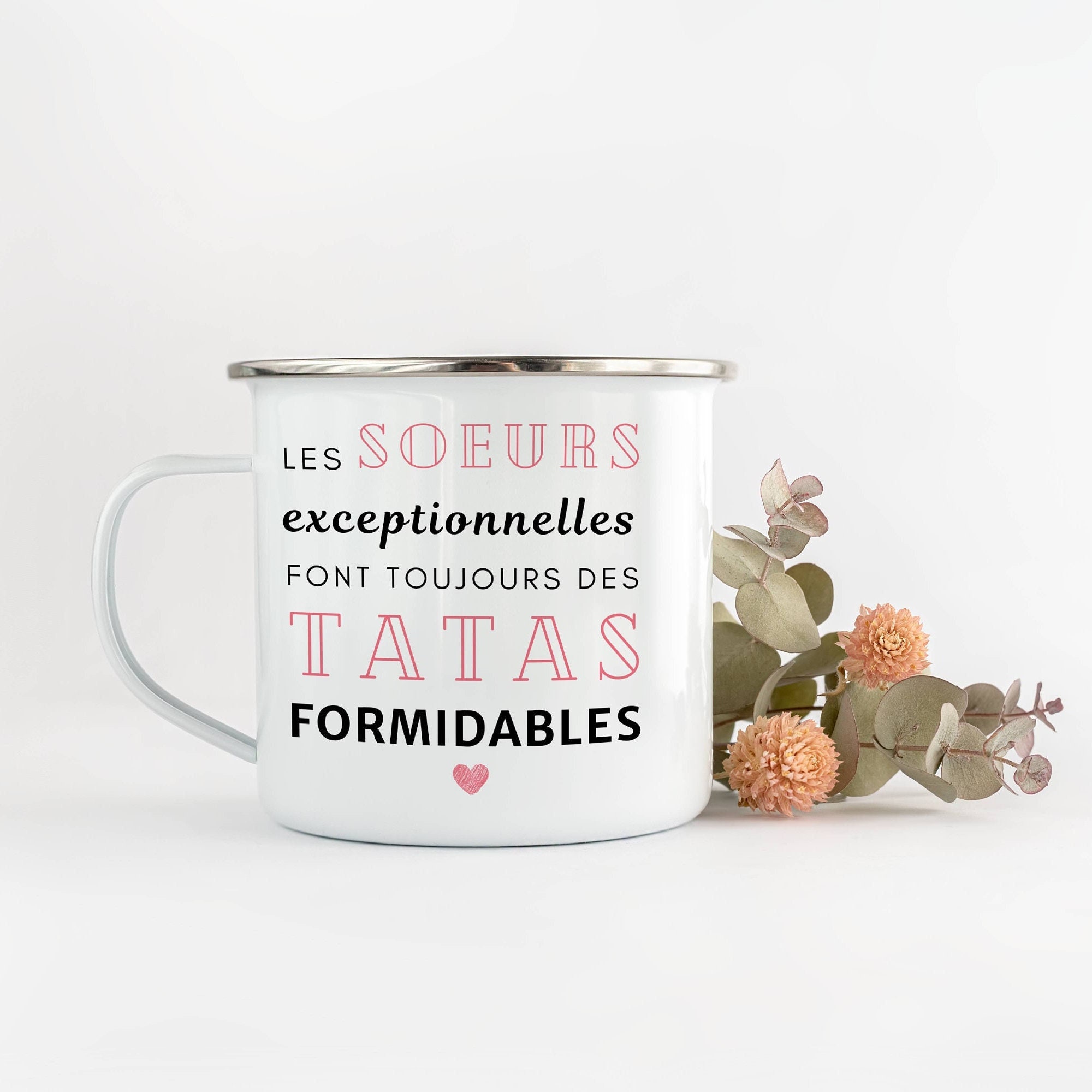 Mug Émaillé Citation - Sœur/ Tata- Tasse en Métal Annonce Grossesse | Mug Personnalisé Tata Cadeau T