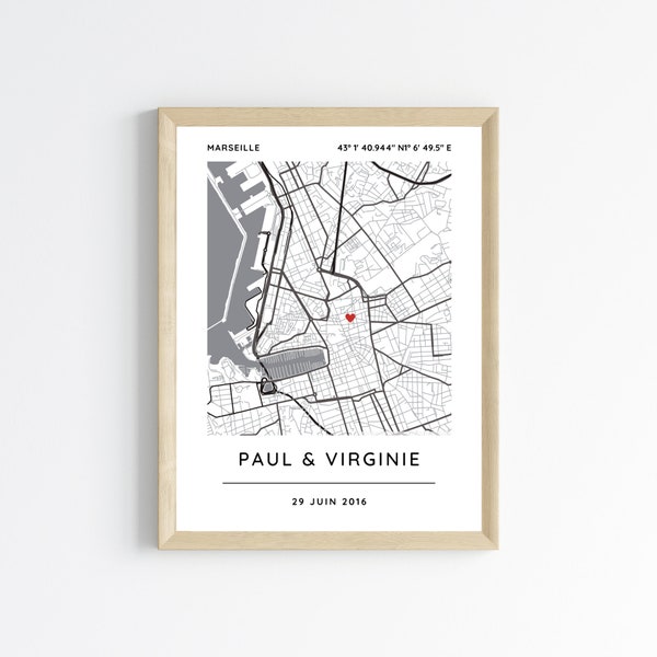 Affiche carte pour couple personnalisée avec lieu de rencontre - Affiche carte GPS  par Le Temps des Paillettes