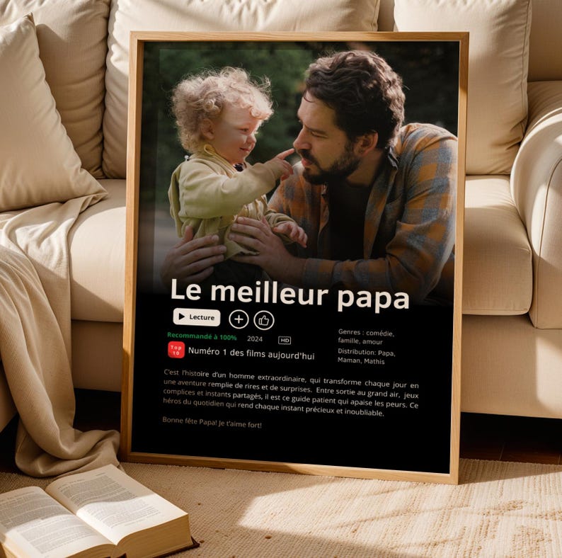 Affiche Netflix personnalisée pour papa avec photo et texte personnalisé, cadeau original pour la fête des pères. Poster style film ou série Netflix avec photo du papa, titre Meilleur Papa du Monde et synopsis personnalisé. Cadeau papa personnalisé parfait pour anniversaire, Noël ou fête des pères. Affiche photo papa personnalisée, idée cadeau papa unique, affiche famille personnalisée, poster papa personnalisé moderne et minimaliste.
