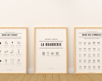 Set 3 affiches buanderie, Guide salle à lavage, symbole lave linge, Instructions pour vêtement  par Le Temps des Paillettes