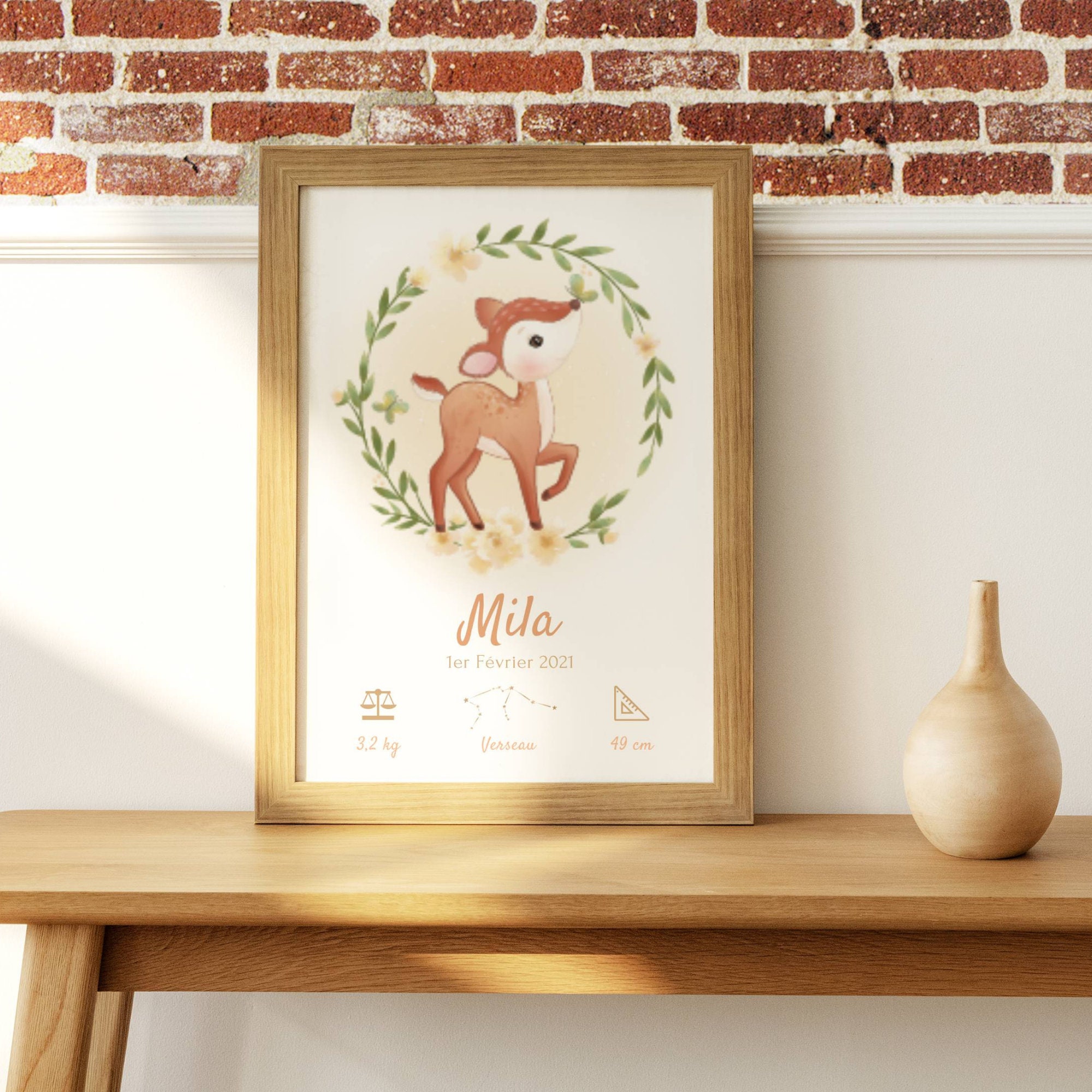 Affiche Enfant Biche - Affiche Bébé Personnalisée Cadeau Naissance Décoration Chambre Biche