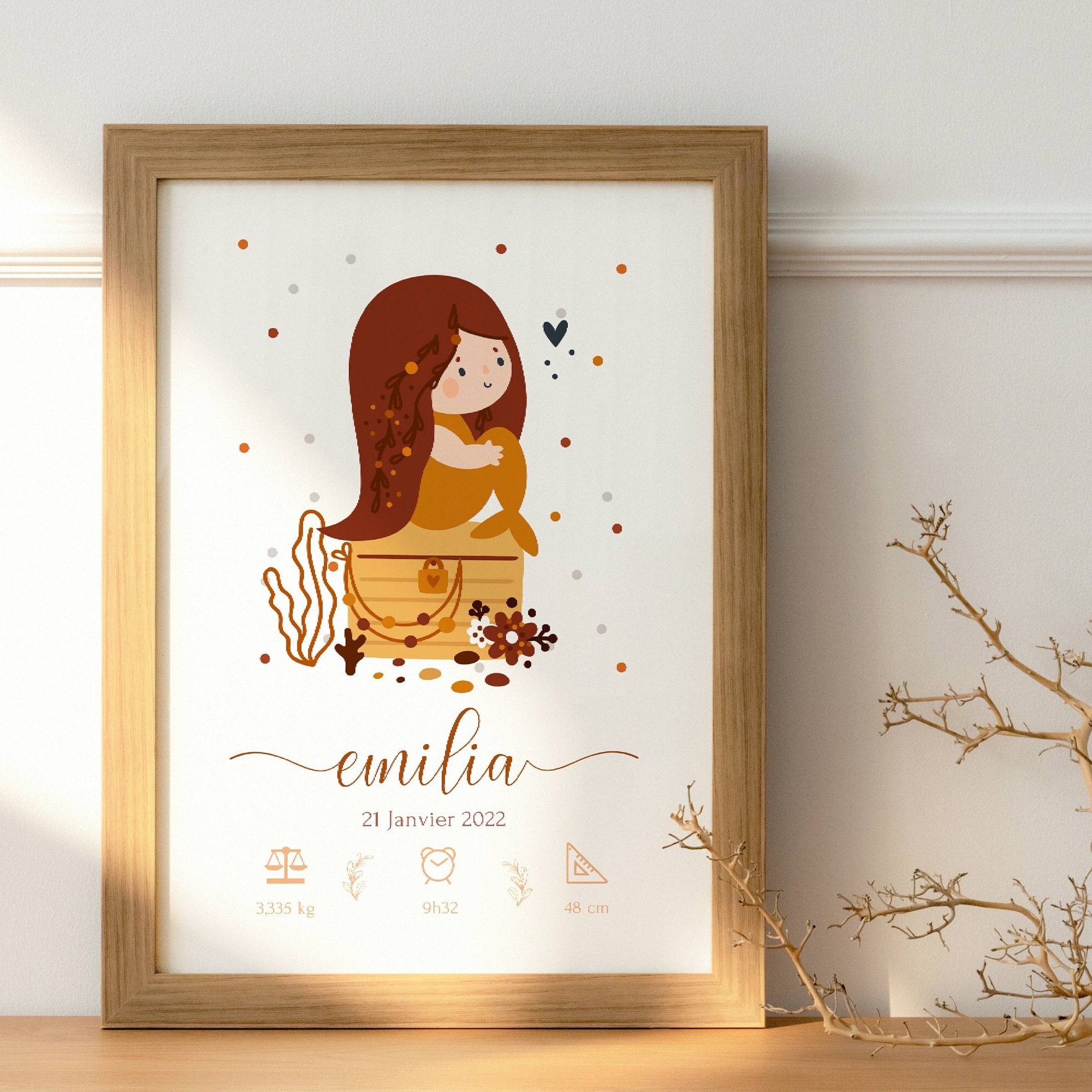 Affiche Bébé Bohème - Affiche Enfant Sirène Naissance Personnalisée Prénom Terracotta Cadeau de Nais