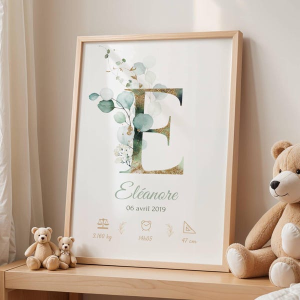 Affiche de naissance eucalyptus personnalisée  - Poster de naissance - Cadeaux noel bébé -   Décoration chambre bébé prénom monogramme