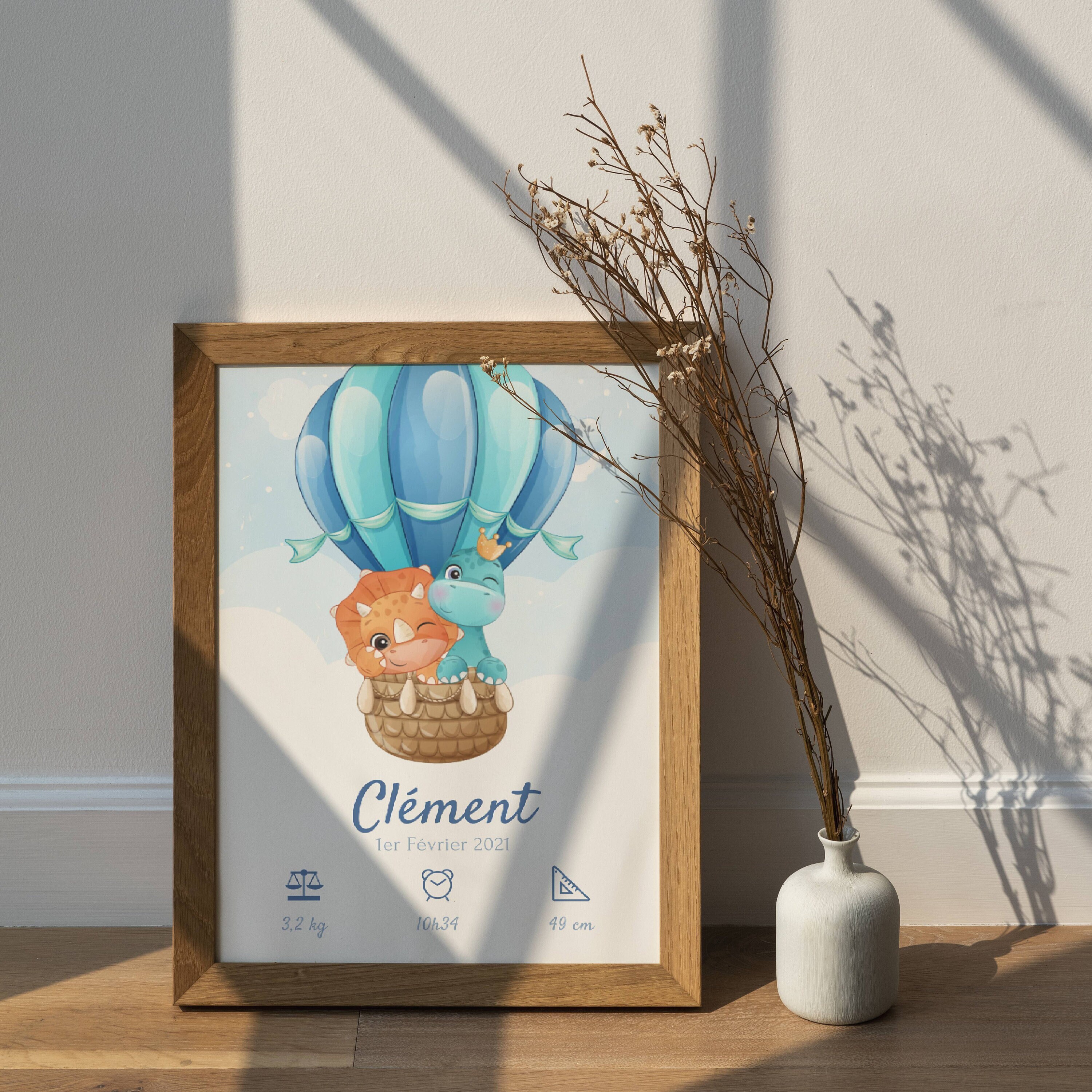 Affiche Dinosaure Enfant - Affiche Animaux et Montgolfière Cadeau de Naissance Personnalisé