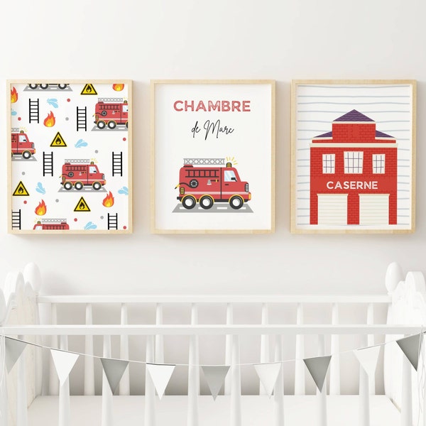 Affiches enfant pompier  - Set 3 affiches chambre de garçon personnalisé  - décoration pompier par Le Temps des Paillettes