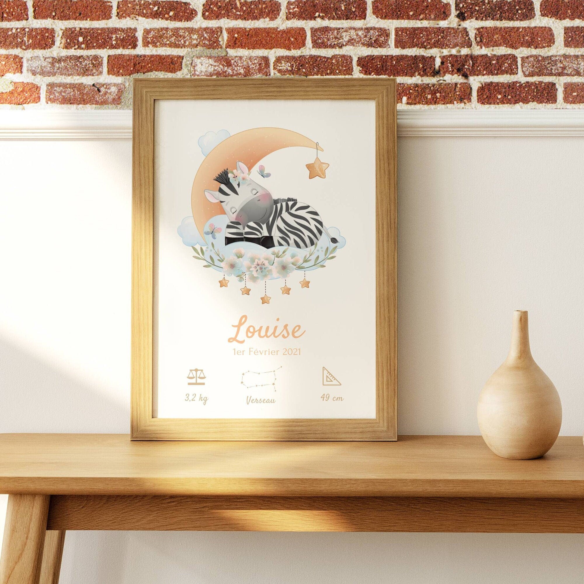 Affiche Enfant Personnalisée Zèbre - Cadeau de Naissance Personnalisé