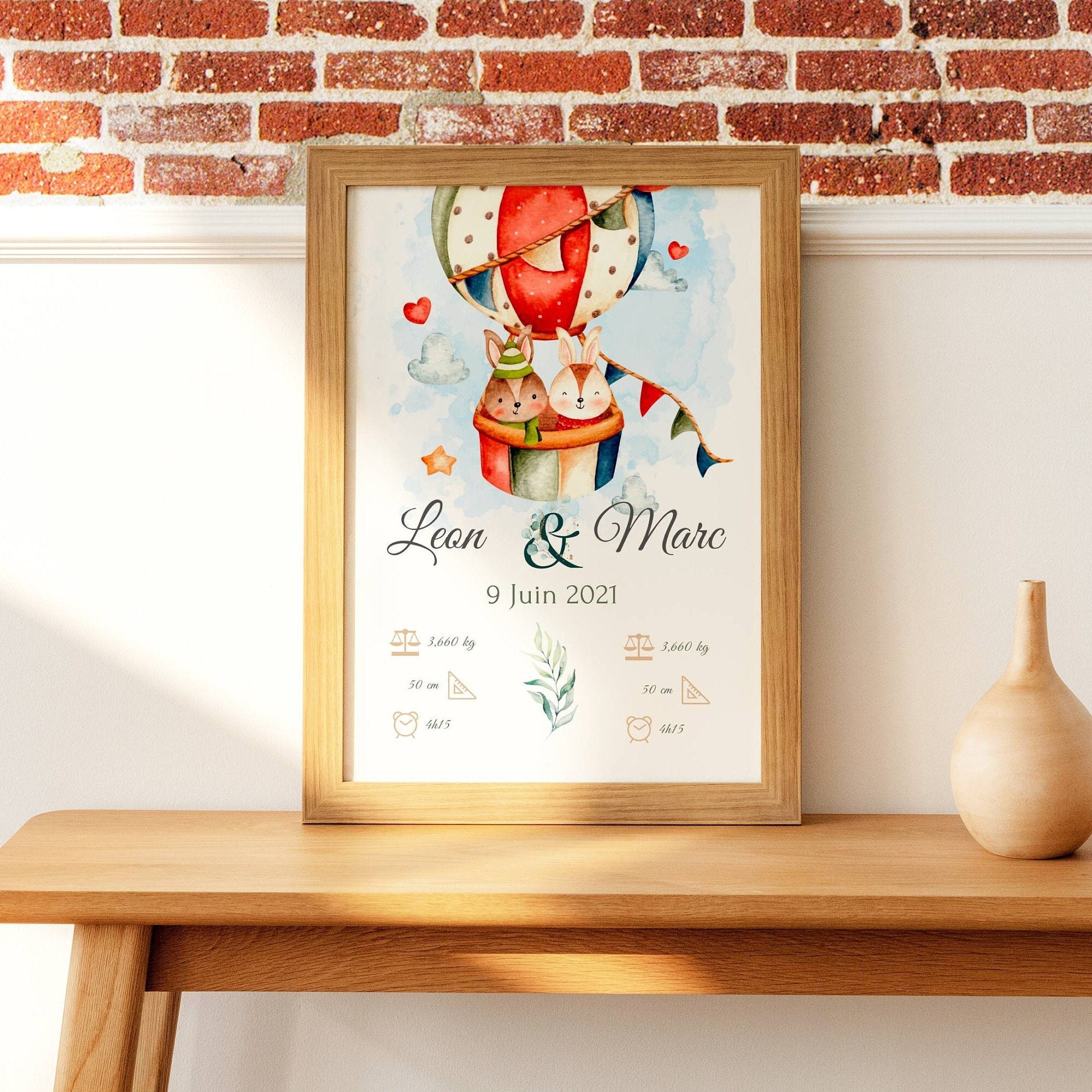 Affiche Jumeaux Personnalisé - Affiche de Naissance Enfant Lapins Dans Une Montgolfière