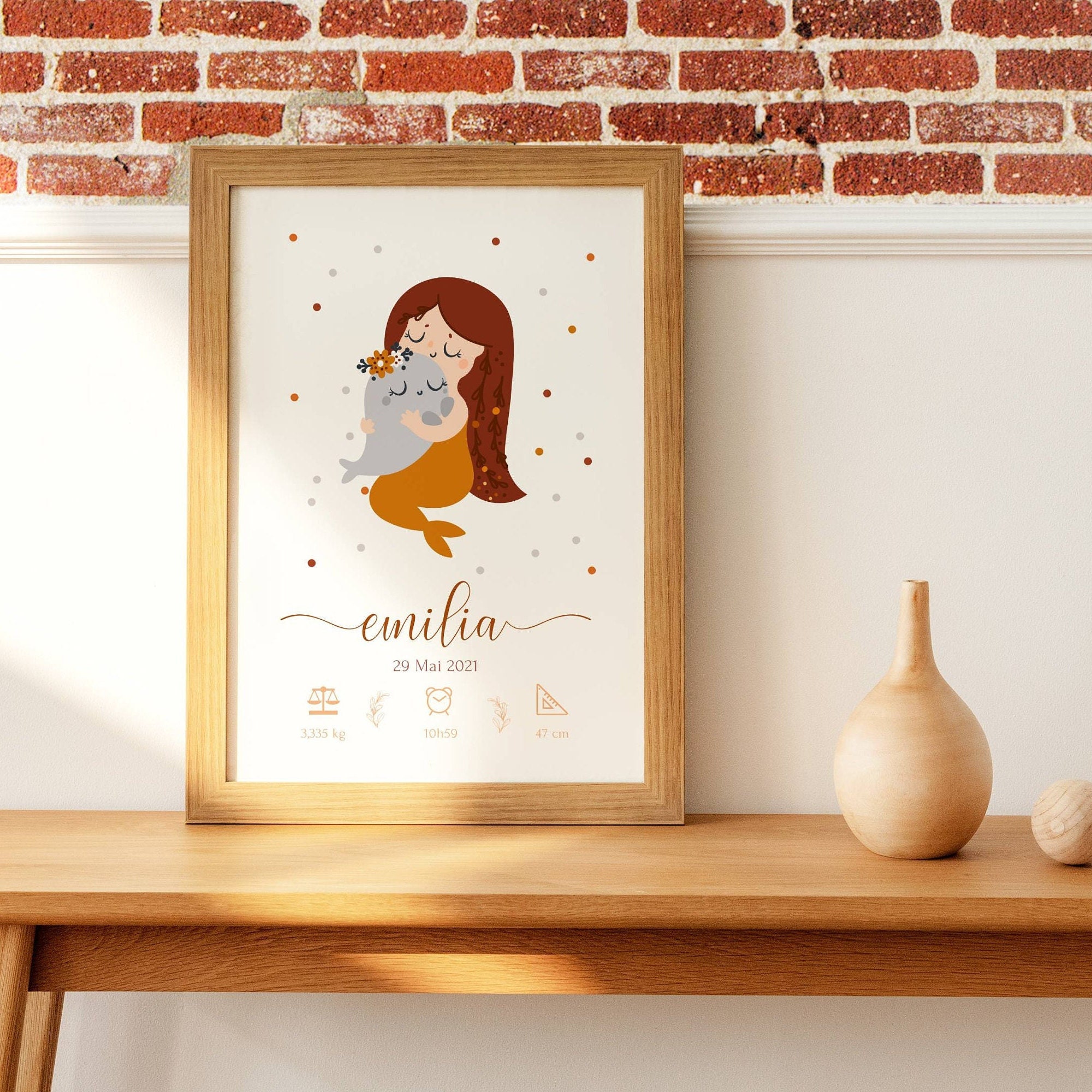 Affiche Bébé Bohème - Affiche Enfant Sirène Naissance Personnalisée Prénom Terracotta Cadeau de Nais