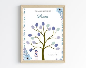 Arbre à empreintes première communion garçon bleu  - Déco confirmation personnalisé - décoration DIY -  affiche personnalisée
