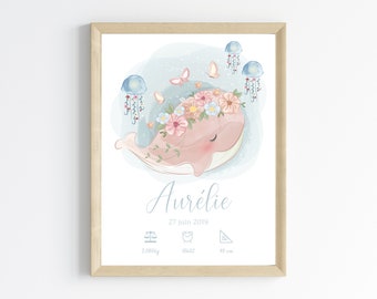 Affiche de naissance personnalisée prénom et baleine - Cadeau de naissance personnalisé  par Le Temps des Paillettes