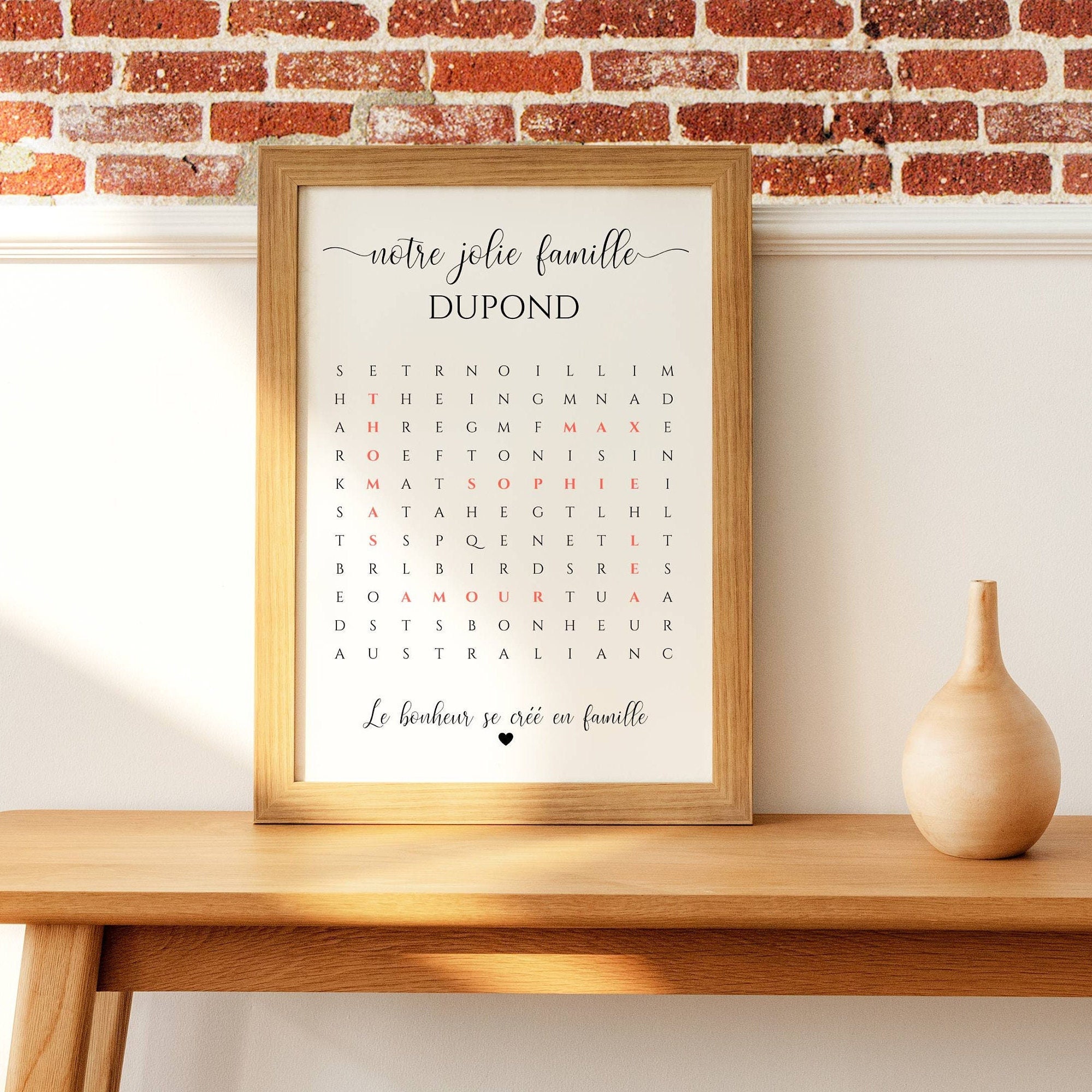 Affiche Personnalisée Mots Mêlés Famille - Affiche Mots Croisés et Couple Cadeau Personnalisé