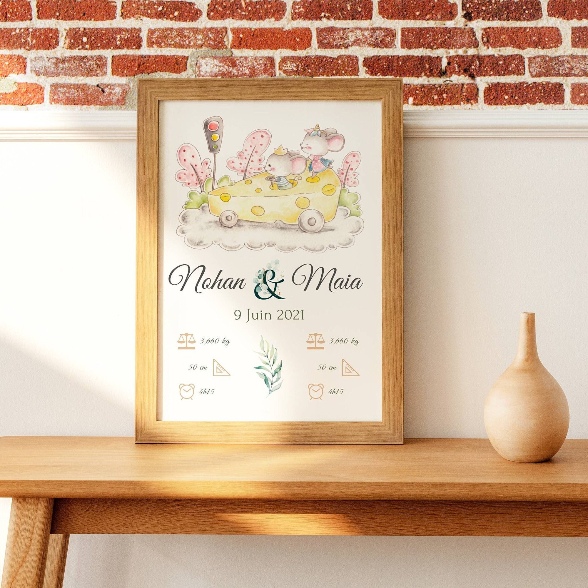 Affiche Jumeaux Personnalisée - Affiche de Naissance Enfant Souris Rigolote