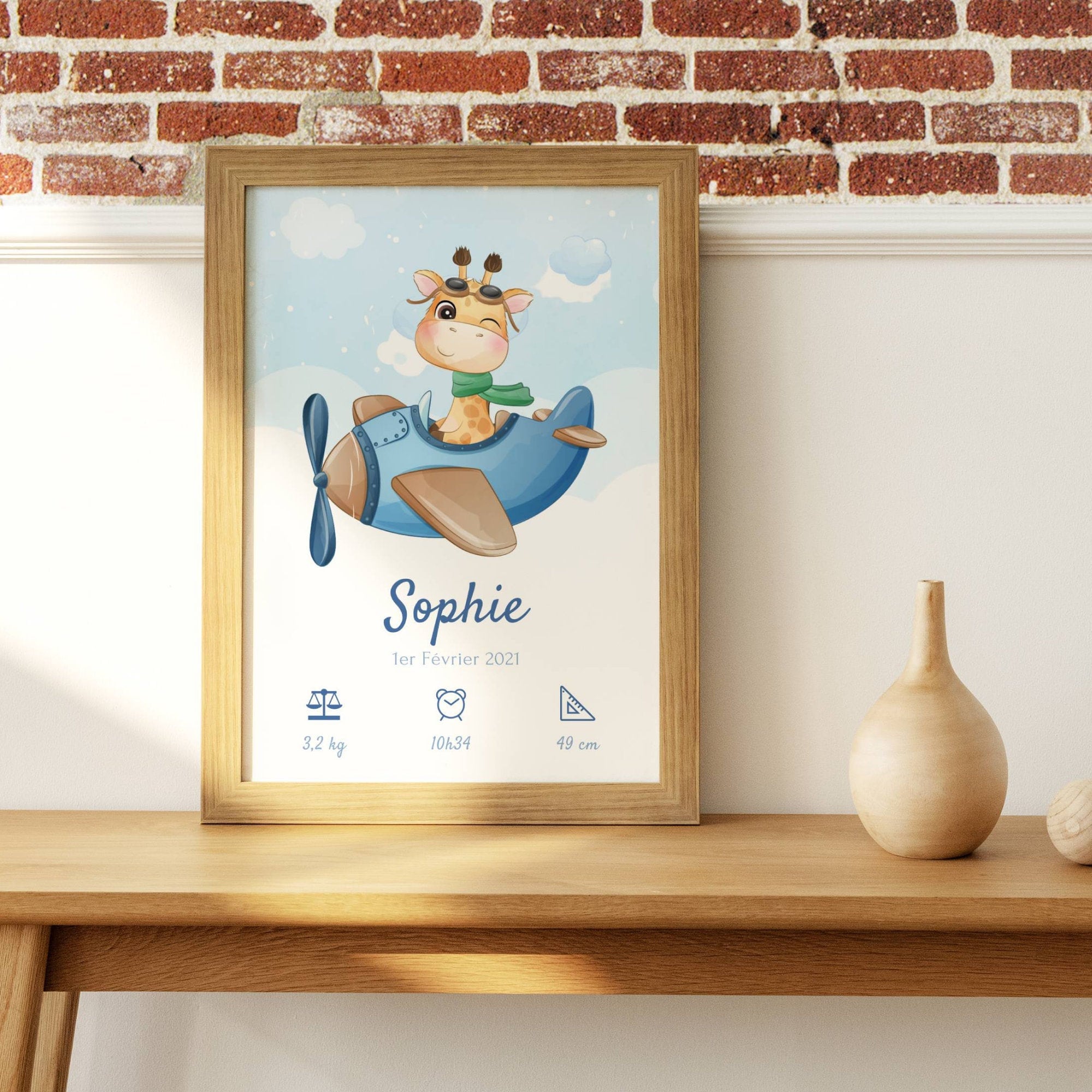 Affiche Enfant Girafe et Avion Personnalisable - Prénom Animaux Dans | Lapin Ours ou Éléphant
