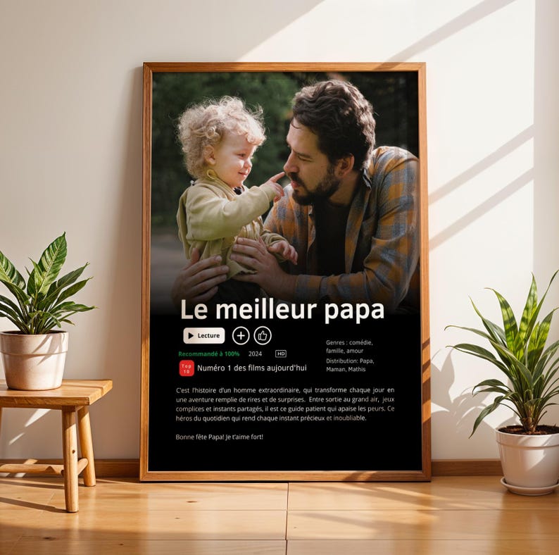 Affiche Netflix personnalisée pour papa avec photo et texte personnalisé, cadeau original pour la fête des pères. Poster style film ou série Netflix avec photo du papa, titre Meilleur Papa du Monde et synopsis personnalisé. Cadeau papa personnalisé parfait pour anniversaire, Noël ou fête des pères. Affiche photo papa personnalisée, idée cadeau papa unique, affiche famille personnalisée, poster papa personnalisé moderne et minimaliste.