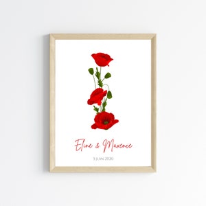 Affiche couple noce de coquelicot -  8 ans de mariage - affiche anniversaire de mariage  - affiche couple