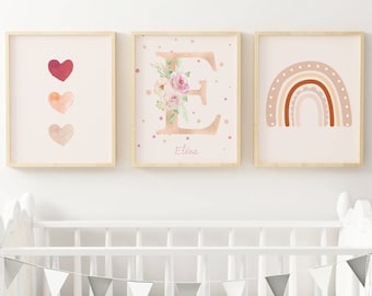 Boho Style Children's Posters - Terracotta Rainbow Birth Poster - Initial and Triple Hearts by Le Temps des Paillettes