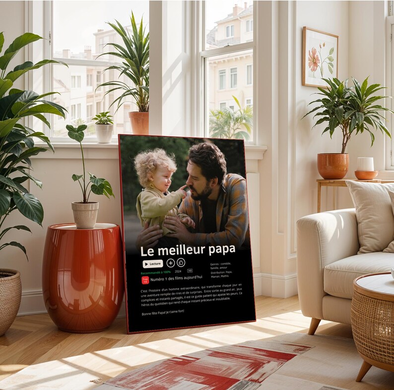 Affiche Netflix personnalisée pour papa avec photo et texte personnalisé, cadeau original pour la fête des pères. Poster style film ou série Netflix avec photo du papa, titre Meilleur Papa du Monde et synopsis personnalisé. Cadeau papa personnalisé parfait pour anniversaire, Noël ou fête des pères. Affiche photo papa personnalisée, idée cadeau papa unique, affiche famille personnalisée, poster papa personnalisé moderne et minimaliste.