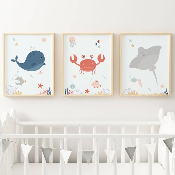 Affiches océan enfant - trio crabe baleine raie - Décoration sous l'océan par Le Temps des Paillettes