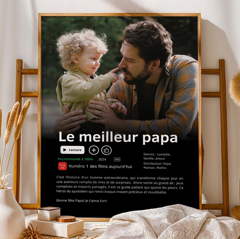 Affiche Netflix personnalisée pour papa avec photo et texte personnalisé, cadeau original pour la fête des pères. Poster style film ou série Netflix avec photo du papa, titre Meilleur Papa du Monde et synopsis personnalisé. Cadeau papa personnalisé parfait pour anniversaire, Noël ou fête des pères. Affiche photo papa personnalisée, idée cadeau papa unique, affiche famille personnalisée, poster papa personnalisé moderne et minimaliste.