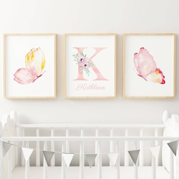 Set 3 affiches papillon aquarelle pour chambre enfant - cadeau de naissance personnalisée prénom par Le temps des paillettes