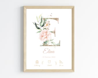 Affiche de naissance personnalisée prénom et initiale fleurs rose pastel - décoration chambre fille  par Le Temps des Paillettes