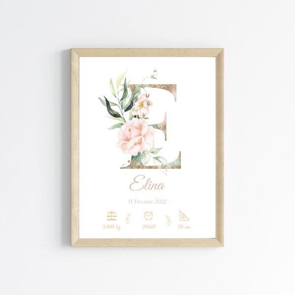 Affiche de naissance personnalisée prénom et initiale fleurs rose pastel - décoration chambre fille  par Le Temps des Paillettes