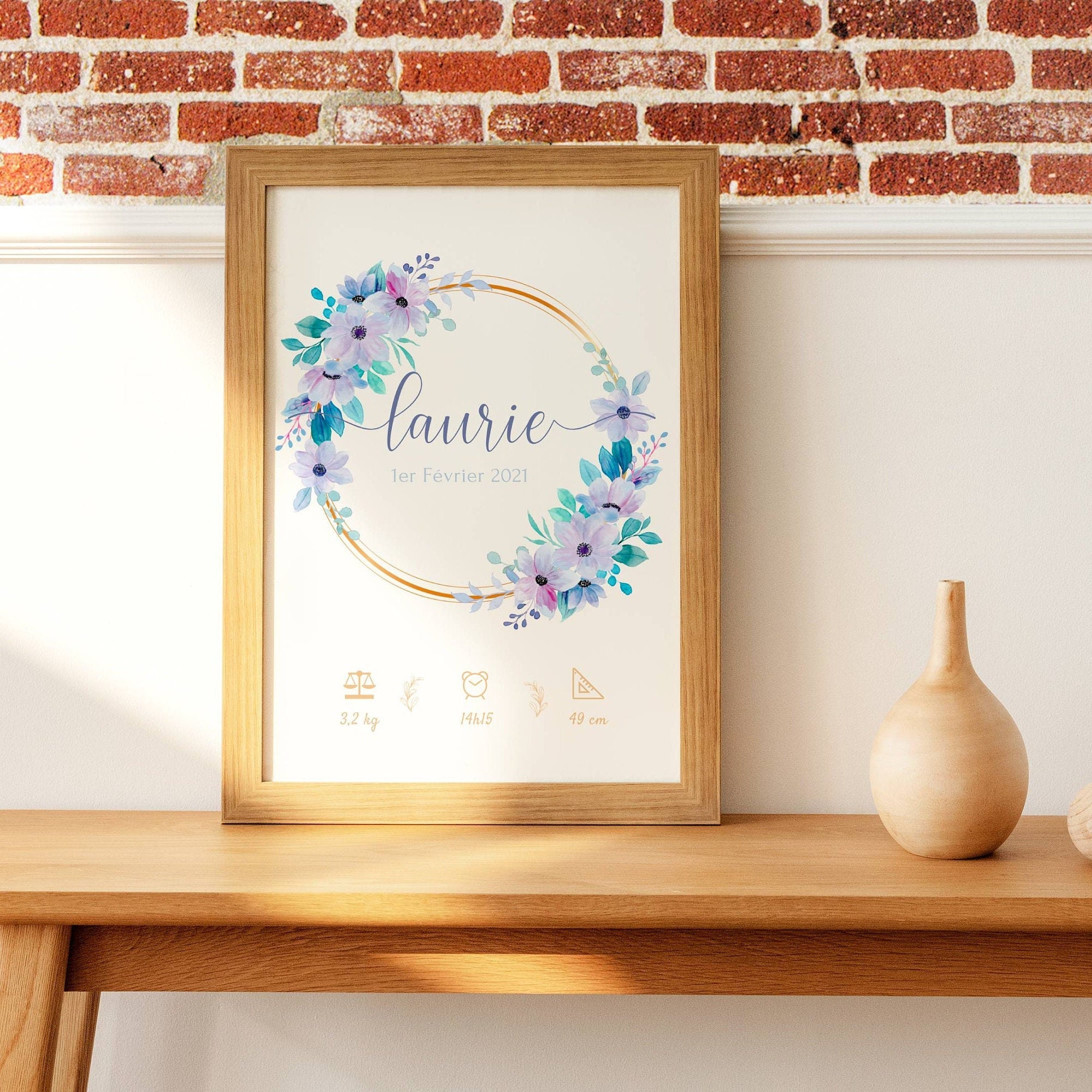 Affiche Naissance Fleurs Bleues Personnalisée - Affiche Bébé Prénom et Cadeau de Naissance