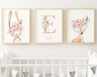 Set 3 affiches animaux aquarelle pour chambre enfant - cadeau de naissance personnalisée prénom par Le temps des paillettes