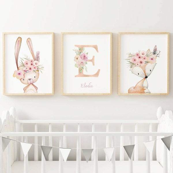 Set 3 affiches animaux aquarelle pour chambre enfant - cadeau de naissance personnalisée prénom par Le temps des paillettes