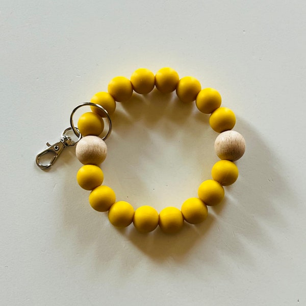 Mustard Yellow Beaded Keychain Wristlet, Silicone Wristlet Keychain, Bracelet Key Ring, Boho Wristlet Accessory, Keychain