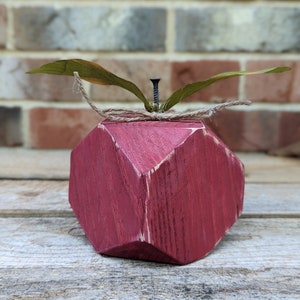 Hand-Cut Wooden Apple Block: Rustic Burgundy Decor (3.5&quot;)